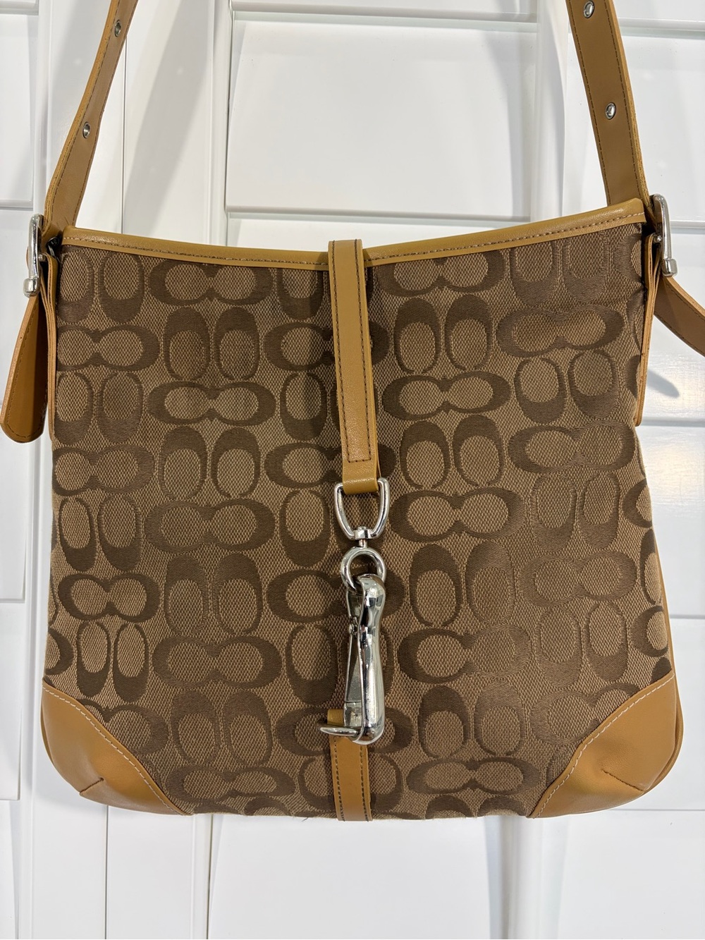 Coach Brown Signature Monogram Jacquard Shoulder Bag Hook/Look Closure